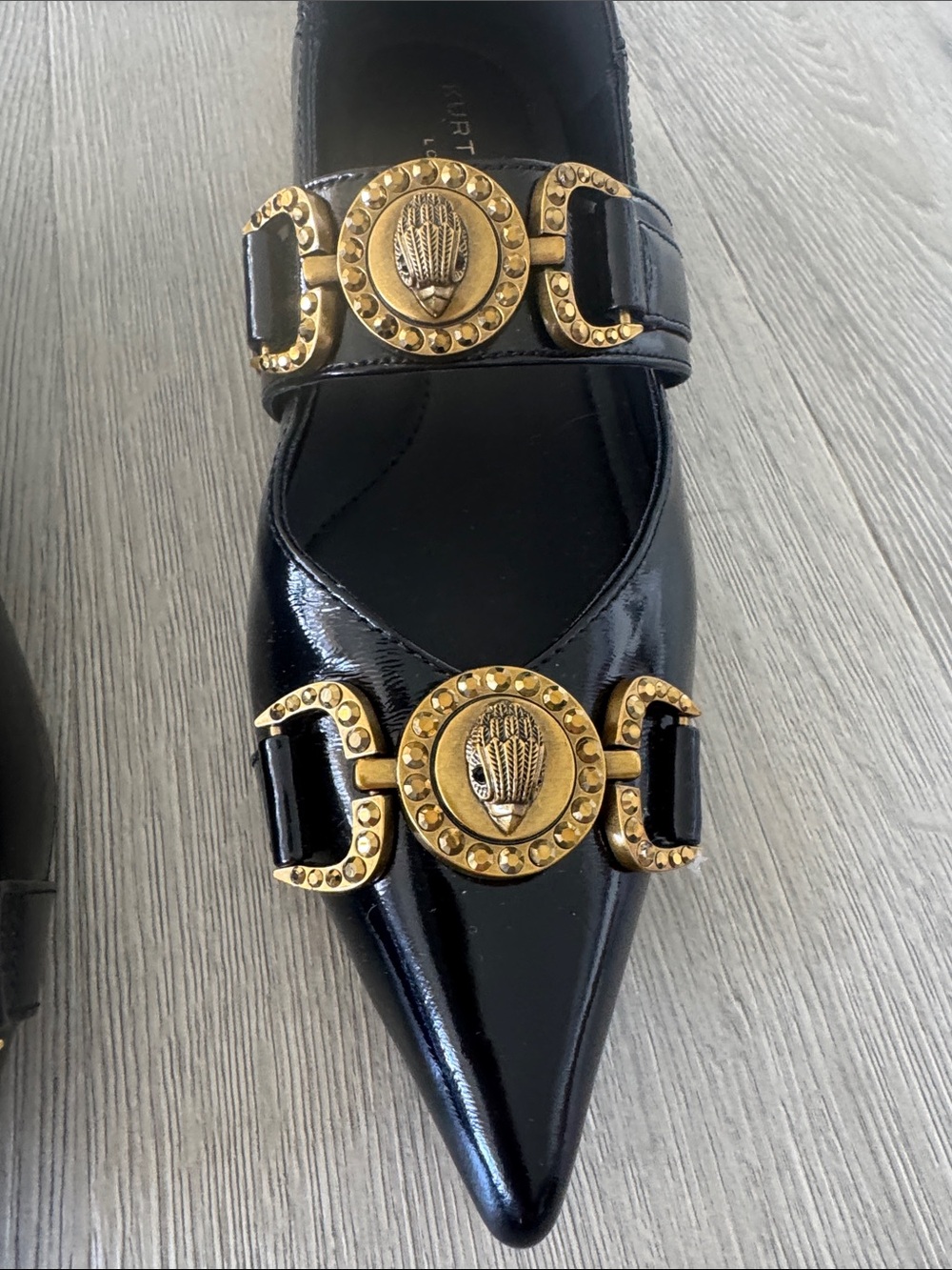 Kurt Geiger Black Patent Pointed Flats with Gold Medallion Accents - Picture 5 of 8